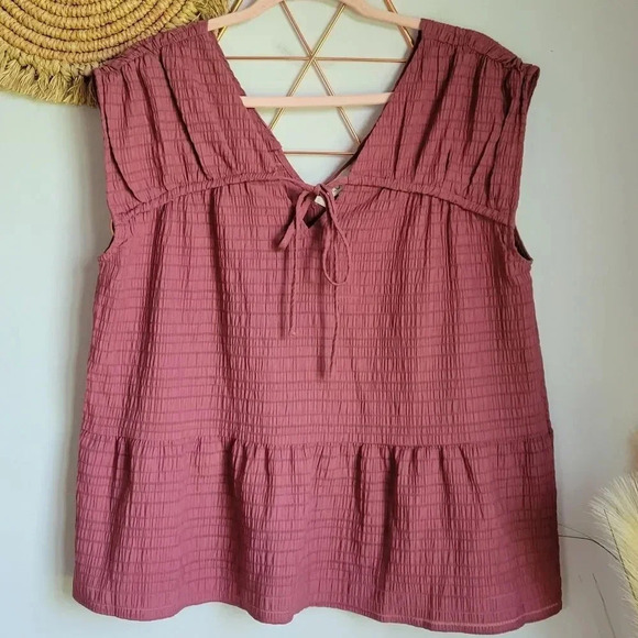 LOFT, New, Mauve Pink Tiered Tie V-Neck V-Back Crinkle Swing Top, Size Large - Picture 13 of 13